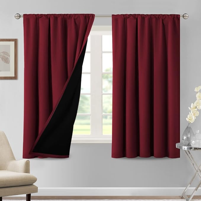 H.VERSAILTEX 100% Blackout Curtains for Bedroom Thermal Insulated Blackout Curtains 63 Inches Long Rod Pocket Window Drapes for Living Room with Black Liner 2 Panels Set, Burgundy by HVERSAILTEX