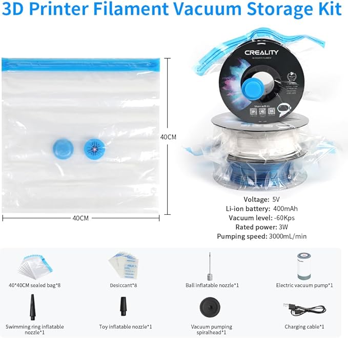 Creality 3D Printer Filament Storage Bags 40 x 40 CM, Large Transparent Sealed Bags with Electric Pump Dust Proof Humidity Resistant Keeping Filament Dry, Reusable Vacuum Storage Bags 8 PCS - Image 6