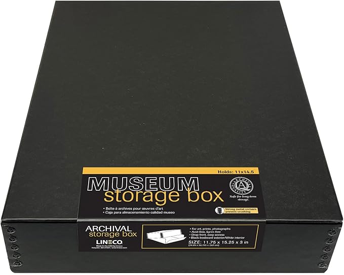 Lineco Archival 11 x 14 x 3 inches Museum Archival Storage Box, Drop Front Design, Acid-Free with Metal Edge. Preserves Photos Documents, Black by Lineco