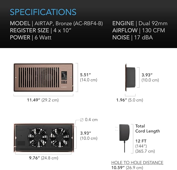 AC Infinity AIRTAP T4 Bronze, Register Booster Fan for 4” x 10” Register Holes, Improves Heating & Cooling Vents, Quiet 10-Speeds, Bluetooth App Control Data Alerts. ONLY FITS 4” x 10” Duct Openings - Image 6