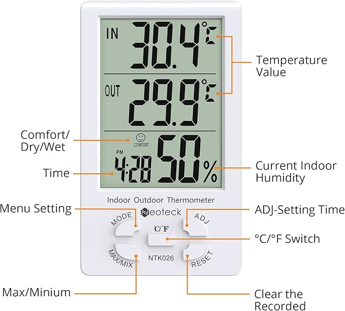 Neoteck 3 in 1 Thermometer Hygrometer with Clock Large LCD Display, Digital Humidity Temperature Meter 1.5m Sensor Wire for Indoor Outdoor Use - Image 6