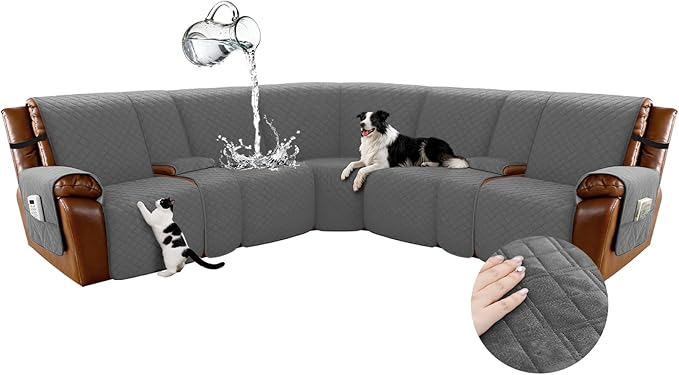 Arfntevss Waterproof Recliner Sectional Couch Covers for Reclining L Shape Sofa Cover Non Slip Washable L Shaped Slipcover Sets for Dog Furniture Protector (5 Seat with 2 Console Cover, Dark Gray) by Arfntevss
