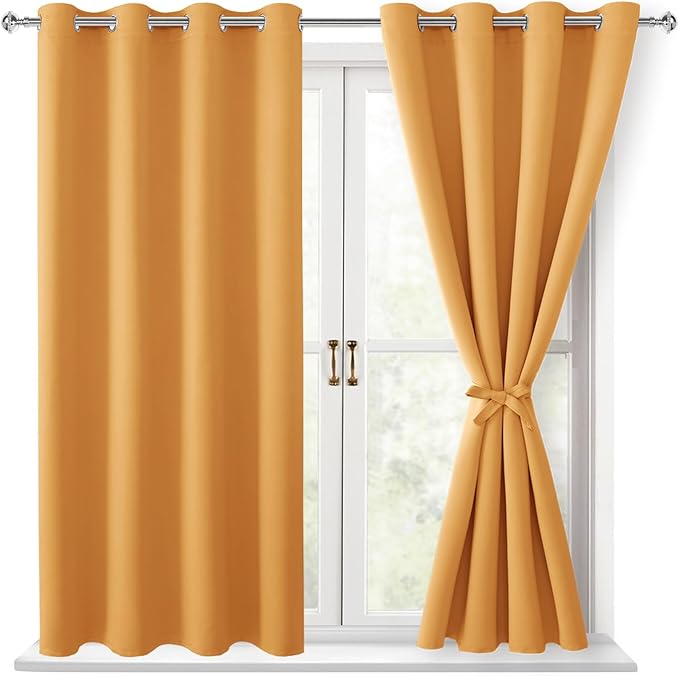 Hiasan Blackout Curtains for Bedroom, 52 x 54 Inches Long - Thermal Insulated & Light Blocking Window Curtains for Living Room, 2 Drape Panels Sewn with Tiebacks, Pumpkin Orange by Hiasan