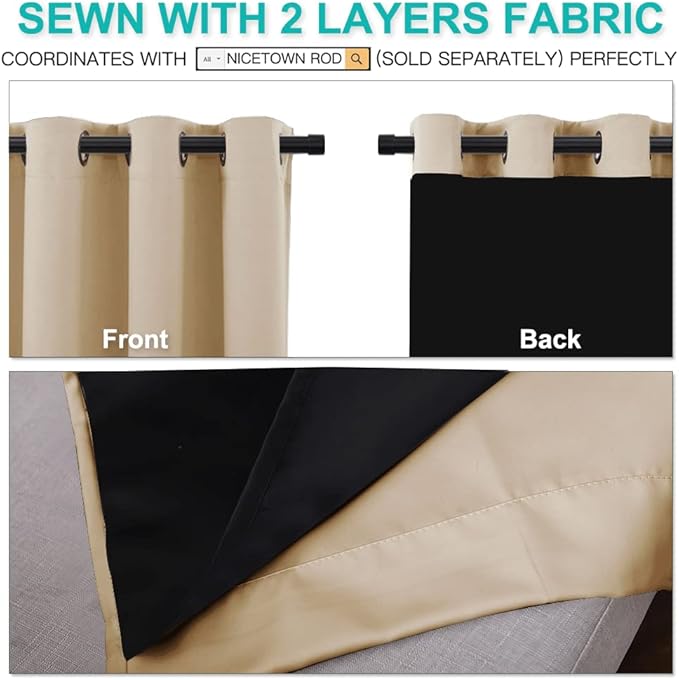 NICETOWN Living Room Completely Shaded Draperies, Privacy Protection & Noise Reducing Ring Top Drapes, Black Lined Insulated Window Treatment Curtain Panels(Biscotti Beige, 2 Pieces, W52 x L84) - Image 5