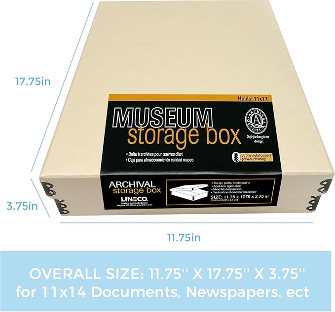 Lineco Museum Archival Storage Box, 11.75x17.75x3.75 in. Drop Front Design. Acid-Free with Metal Edge. Organize Photos, Pictures, Prints, Documents, Crafts, DIY. Tan, 1 Pack - Image 2