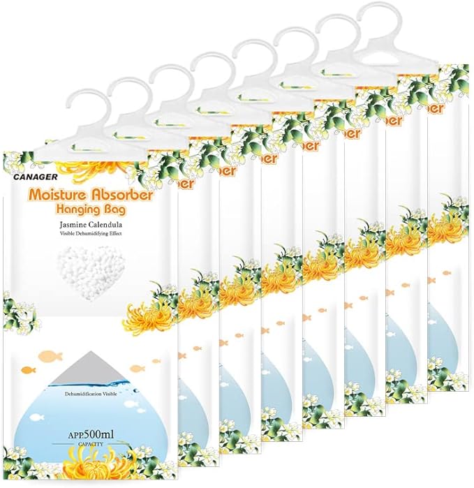 CANAGER Hanging Moisture Absorber, Jasmine Calendula Moistureproof Hanging Bag，Dehumidifier Bag (8 packs) Hanging Closet Dehumidifier Bags, Moisture Absorb 12.5 oz by CANAGER