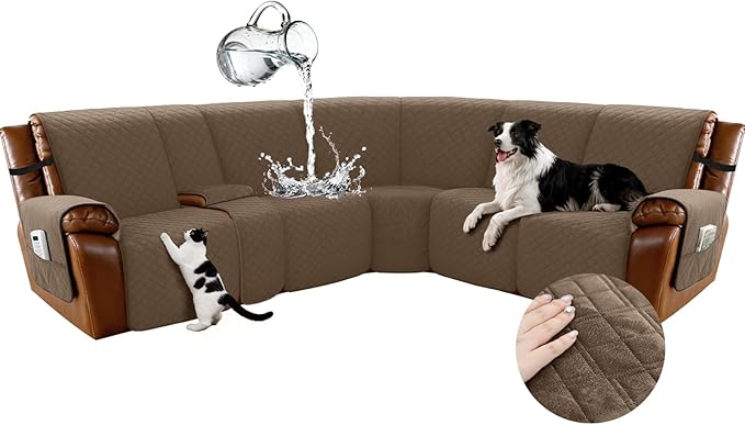 Arfntevss Waterproof Recliner Sectional Couch Covers for Reclining L Shape Sofa Cover Non Slip Washable L Shaped Slipcover for Dog Furniture Protector (5 Seat with 1 Console Cover, Camel Brown) by Arfntevss