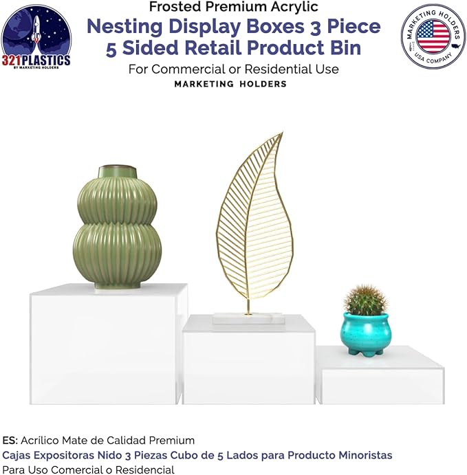 3 Piece Acrylic Display Boxes Retail Frosted Product Riser 2", 4", 6" High Cake Display Boxes Nesting Bins No Lid One Open Side Merchandise Storage Box by Marketing Holders - Image 5