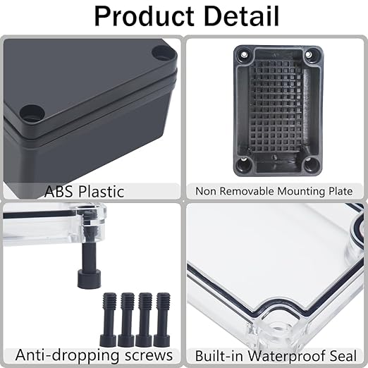 Junction Box,IP67 Waterproof ABS Black Project Box Clear Cover with Mounting Plate Electrical Box Enclosure for Outside Electronics 3.7 x 2.6 x 2.2inch(95x65x55mm) - Image 3