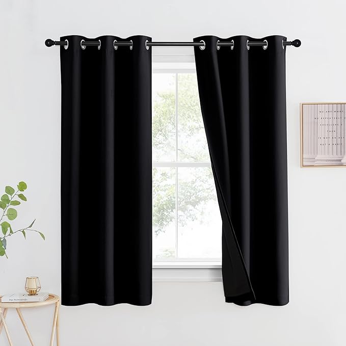 NICETOWN Complete 100% Blackout Curtain, Thermal Insulated & Energy Efficiency Window Drapery with Black Liner, Noise Reducing Short Curtain for Kids Room (Black, 42-inch W by 63-inch L, 1 Panel) by NICETOWN