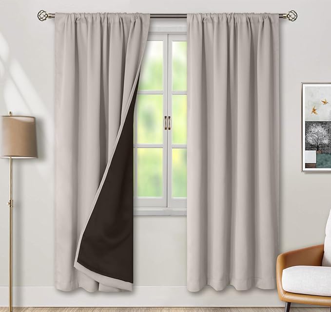 BGment Full Blackout Curtains for Living Room 84 Inch Length 2 Panels Set, Double Layer Room Darkening Thermal Insulated Noise Reducing Curtains with Rod Pocket, 52 Inch Wide, Cashmere by BGment