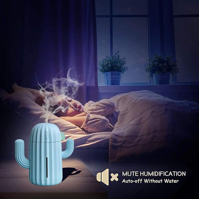 Mini Humidifier Single Room Humidifiers with Night Light Portable Cactus Air humidifier for for Yoga, Office, spa, Bedroom，Baby Room，Silica Gel Diffuser for tap Water only (Blue) - Image 2