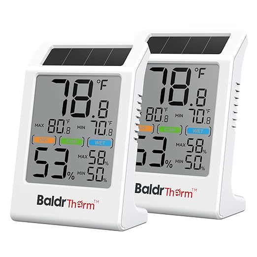 BaldrTherm Room Thermometer Indoor Humidity Meter Solar Powered with Max/Min Memory & Comfort Indicator - 3.2" Large Display for Home, White, 2Pack by BaldrTherm