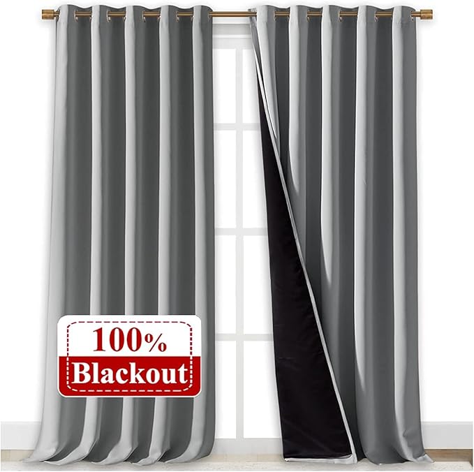 NICETOWN 100% Blackout Blinds, Laundry Room Decor Window Treatment Curtains for Large Patio Sliding Door, Thermal Insulated Silver Grey Curtains for Bedroom, Set of 2, 70 inches x 108 inches - Image 2