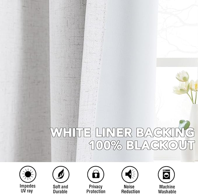 H.VERSAILTEX Linen Curtains 100% Blackout Curtains for Bedroom 102 inch Long Full Light Blocking Nature Linen Blended Window Curtains for Living Room Nickel Grommet (2 Panels, Heathered White) - Image 6