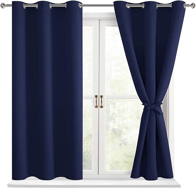Hiasan Short Blackout Curtains for Bedroom - Thermal Insulated & Light Blocking Window Curtains for Living Room, 2 Drape Panels Sewn with Tiebacks, Navy Blue, 42 x 45 Inch by Hiasan
