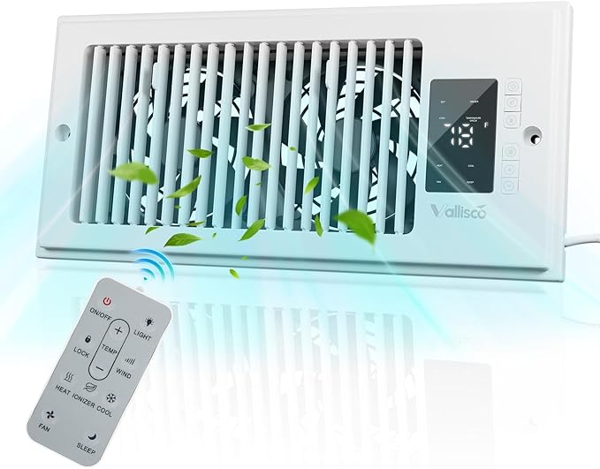Register Booster Fan 4"x10", 10-Speed Quiet Vent Fan with Negative Ion, Thermostat & Remote, Enhances and Improves Heating & Cooling Efficiency, Air Vent Booster for Home Room Comfort, White by VallisCo