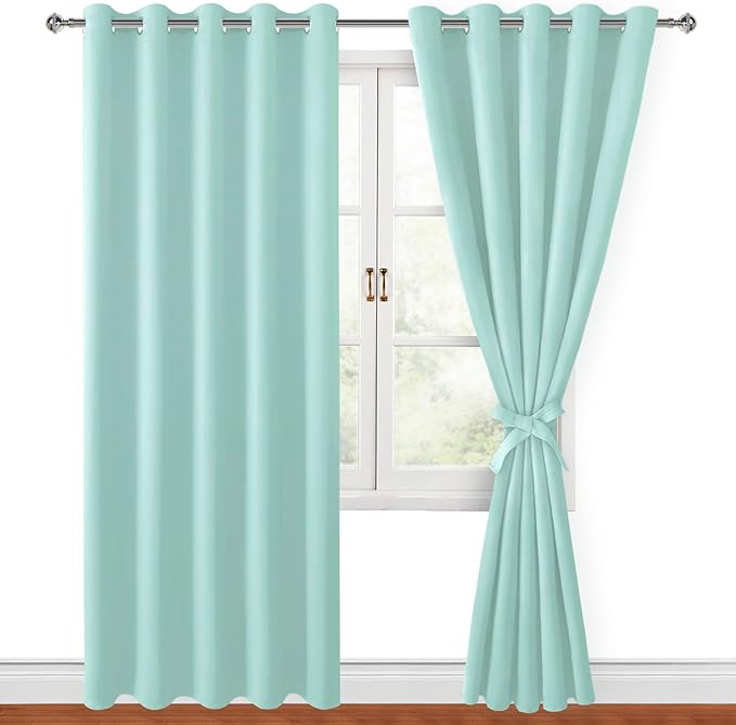 Hiasan Blackout Curtains for Bedroom, 60 x 84 Inches Long - Thermal Insulated & Energy Saving Window Curtains for Living Room, 2 Drape Panels Sewn with Tiebacks, Aqua by Hiasan