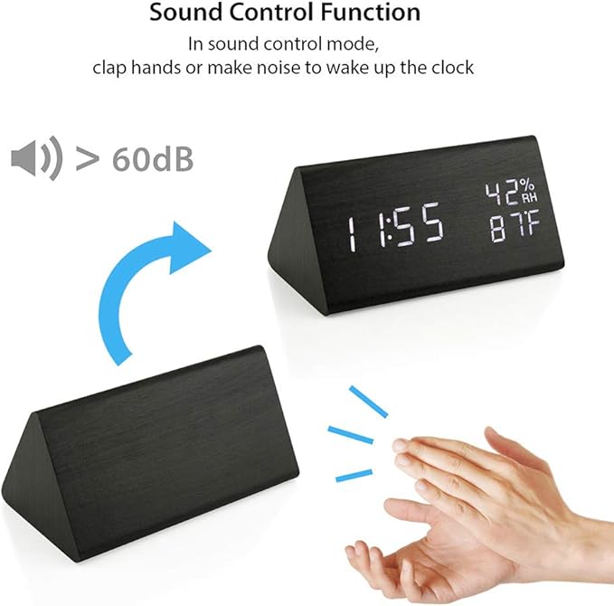 OCT17 Wooden Alarm Clock, Smart LED Digital Clock for Bedroom/desks, Upgraded with Time Temperature, Adjustable Brightness and Voice Control, Humidity Displaying - Black - Image 6