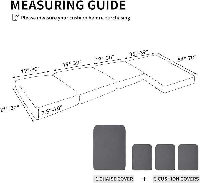 Easy-Going Stretch 4 Pieces Couch Cushion Covers for Sectional Sofa Left/Right L Shape Chaise Lounge Sofa Seat slipcover Anti-Slip Sofa Cover Soft (3 Seater + 1 Chaise, Grey) - Image 2