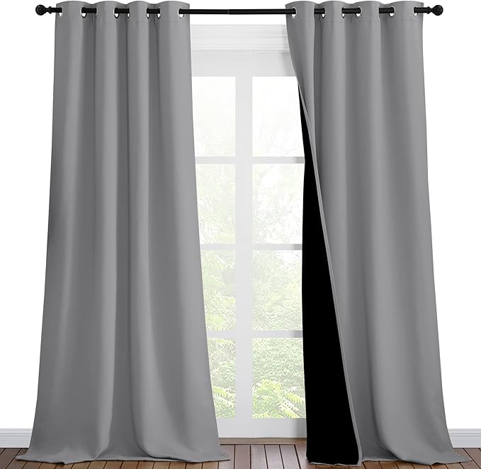 NICETOWN Total Shade Curtains and Draperies, Heavy-Duty Full Light Shading Drapes with Black Liner Backing for Villa/Hall/Dorm Window（Silver Grey, Package of 2 Panels, 46 inches Wide x 90 inches Long by NICETOWN