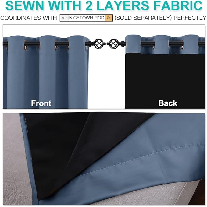 NICETOWN Room Warming Curtains, 100% Sun Blocking Curtains, Sound Proof Drapes with Black Backing, Full Light Blocking Panels for Patio Sliding Door (Stone Blue, 1 Pair, 52 inches x 108 inches) - Image 5