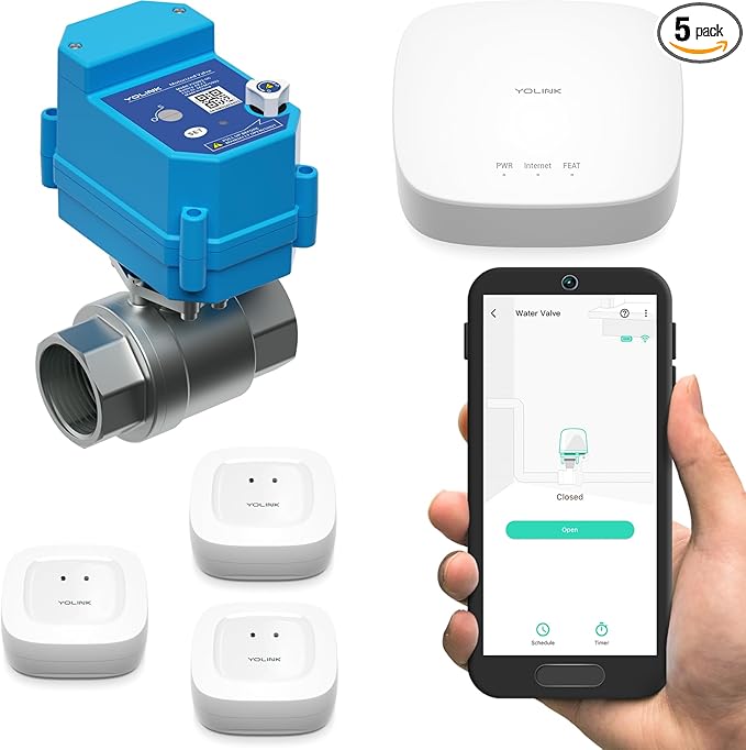 YoLink LoRa Smart Water Leak Protection System, Including 1/2" Commercial Grade Smart Motorized Stainless Steel Valve, (3) Water Leak Sensors, Hub: Up to 1/4-Mile Range, IFTTT, Alexa, Home Assistant by YoLink