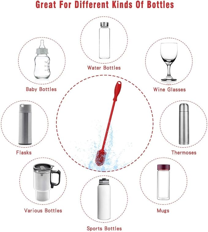 Silicone Bottle Cleaning Brush with Long Handle, BPA Free 12.5" Water Bottle Cleaner for Baby Bottles, Hydro Flask, Sports Bottle, Vase, Glassware, Perfect for Smaller Diameter Bottle Openings (Red) - Image 5