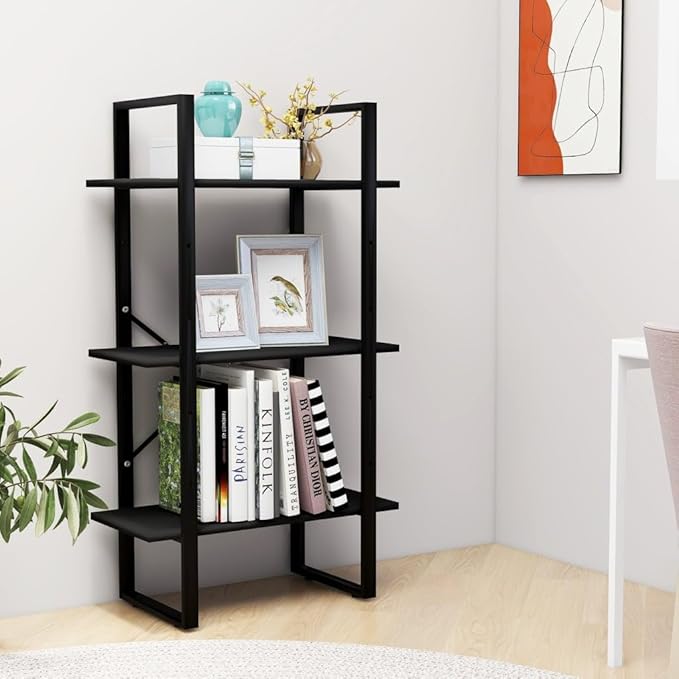 Black Metal Storage Shelf 11.8 x 23.6 x 41.3 in Matte Engineered Wood Bookcase with Industrial Design for Living Room Bedroom Office - Image 4