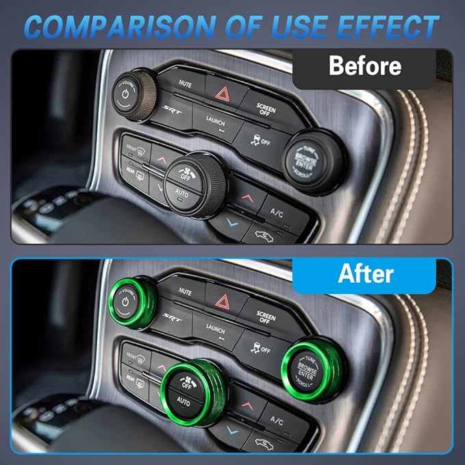 3PCS Air Conditioner Switch Button Knob Cover, Auto Accessories Climate Control Knob Covers, Aluminum Alloy Knob Ring Trim Cover Compatible with Dodge Challenger Durango 2015-2022 (Green) - Image 4