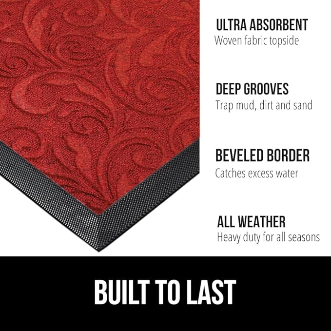 GORILLA GRIP 100% Waterproof All-Season WeatherMax Doormat 35x23, US Designed Natural Rubber, Stain and Fade Resistant, Low Profile Indoor Outdoor Door Mats, Easy Clean Patio Mat, Red Vintage Wine - Image 2
