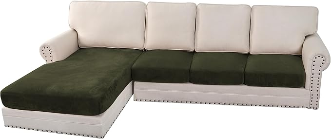 H.VERSAILTEX Velvet Stretch Sectional Couch Covers 4 Pieces Sofa Seat Cushion Covers L Shape Separate Couch Cover for Both Left/Right Sectional Couch (Large Sofa 3 Seater + 1 Chaise, Olive) by HVERSAILTEX