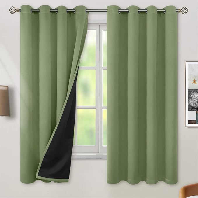 BGment Thermal Insulated 100% Blackout Curtains for Bedroom with Black Liner, Double Layer Full Room Darkening Noise Reducing Grommet Curtain (52 x 63 Inch, Grass Green, 2 Panels) by BGment