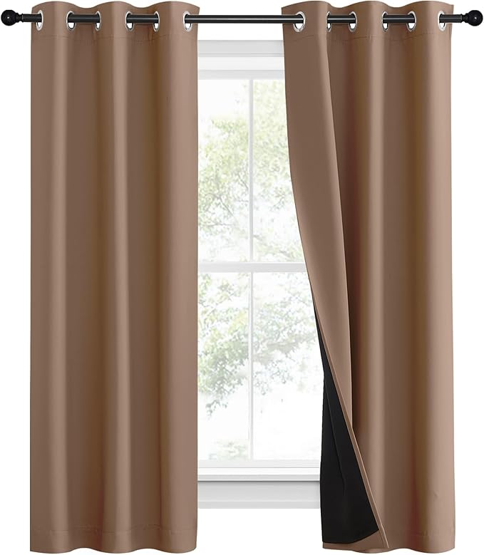 NICETOWN 100% Blackout Curtains Thermal, Noise Reduction and Privacy Curtains for Patio Door, Black Lined Blackout Drapes with Grommet Top, Cappuccino, 1 Pair, W37 x L60 - Image 2