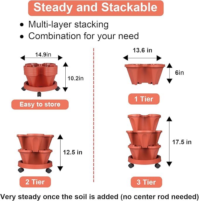 GameXcel Vertical Planter 3 Tier Stackable Planters Garden Planters Strawberry Herb Flower and Vegetable Planter Indoor Outdoor Gardening Pots with Removable Wheels and Tools - Image 7