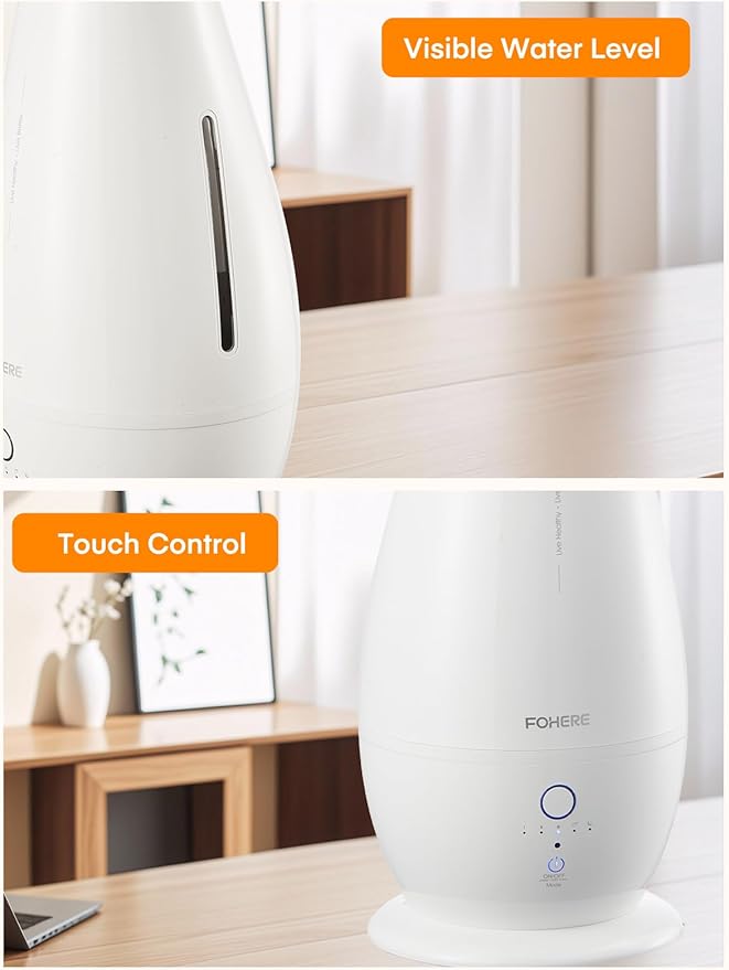 FOHERE Humidifiers for Bedroom Large Room, 5L Cool Mist Quiet Humidifier 48H Long Last for Indoor Plant, Baby, Home, Office with Humidity Sensor, Aroma Box, 3 Speed Settings, White - Image 6