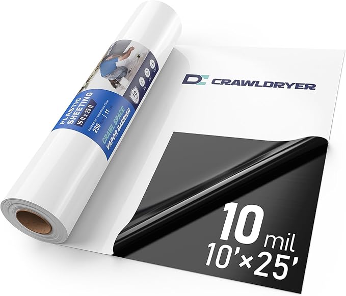 Crawl Space Vapor Barrier - 10 Mil Vapor Barrier - (10' x 25') - Tear Resistant, Heavy Duty Vapor Barrier, Drop Cloth Moisture Barrier Thick Plastic Sheeting Covering for Crawlspace Encapsulation by CrawlSpaceEncapsulation