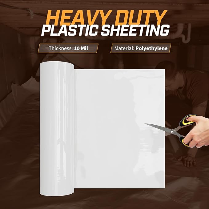 Crawl Space Vapor Barrier, 10mil Film, 10'x65', White Plastic Sheeting - Thick Plastic Sheeting, Heavy Duty Polyethylene Film, Drop Cloth Vapor Barrier Covering for Crawl Space, Garden, Basement - Image 6