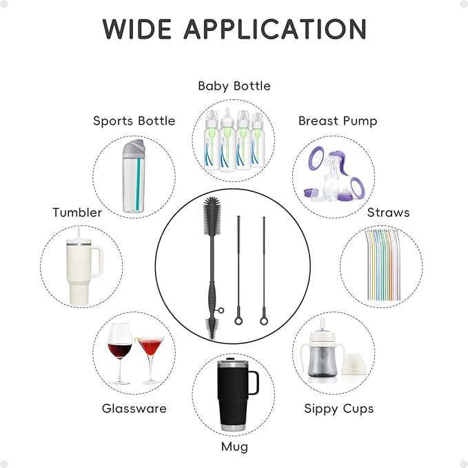 Silicone Cleaning Brush Kit,Water Bottle and Straw Cleaner Brush Set for Tumbler,Baby Bottle,Breast Pump Part,Nipple,Sippy Cup,Glass,Dishwasher Safe,BPA Free,3 Pcs - Image 6