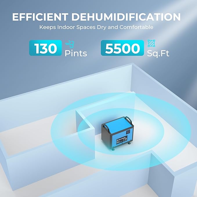 EUHOMY 130 Pint Crawl Space Dehumidifier with Drain Hose, Dehumidifier for Home and Basement, Dehumidify Up to 5500 Sq.Ft Commercial Dehumidifiers, Timer on/off, Automatic Dehumidification - Image 2