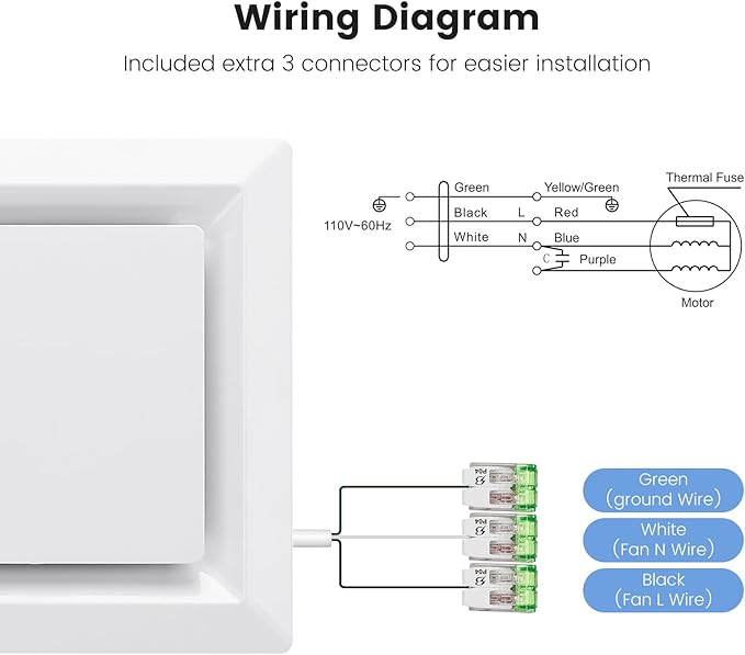 Bathroom Exhaust Fan for Ceiling Mount, Household Bath Vent Ventilation Fans with 1.0 Sones Quiet Operation, 110 CFM with 4" Duct Collar, 26W Low Consumption (housing size 9.2"x9.2") - Image 6