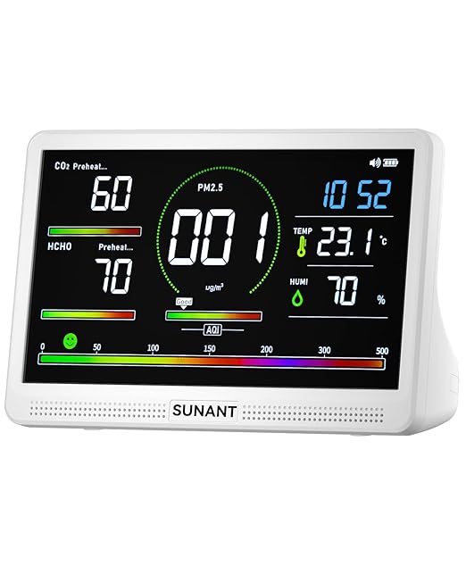 16 in 1 Indoor Air Quality Monitor, 7" LED Display 9 AQI+7 AQI Auto Alerts Air Quality Meter for CO2 Monitor/HCHO/TVOC/Temperature/Humidity, Battery Powered, Air Detector Air Quality Tester for Home by Unknown