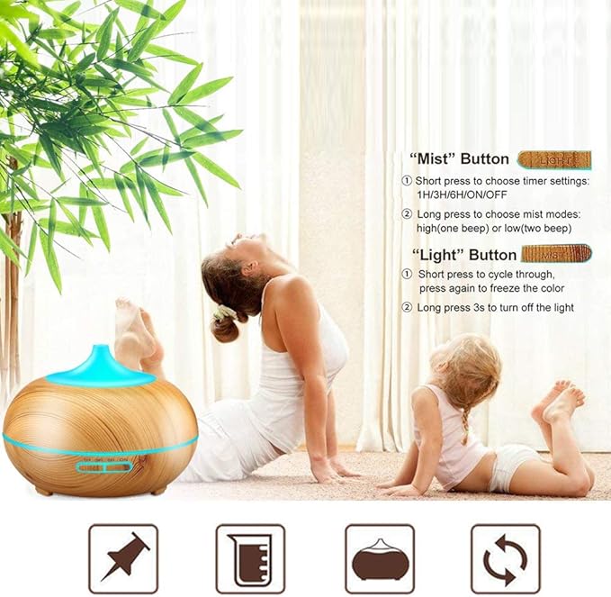 Aroma Essential Oil Diffuser, JoySusie 500ml Wood Grain Ultrasonic Cool Mist Whisper-Quiet Humidifier with Color LED Lights Changing & 4 Timer Settings, Waterless Auto Shut-Off for Spa Baby - Image 5