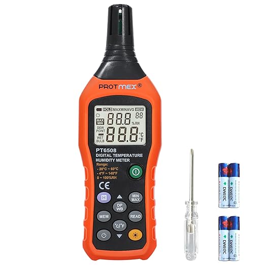 Protmex Digital Temperature Humidity Meter, Thermometer Hygrometer with Ambient Dew Point and Wet Bulb Temperature Indoor and Outdoor, Data Logger with Min/Max Hold, LCD Backlight, PT6508 by Protmex