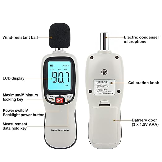 Decibel Meter Sound Level Reader 30-130dB(A), Hand-held Sound Noise Meter, Digital Noise Meter Decibel Monitoring Tester Calibrated Audio Noise Measuring Tool - Image 3