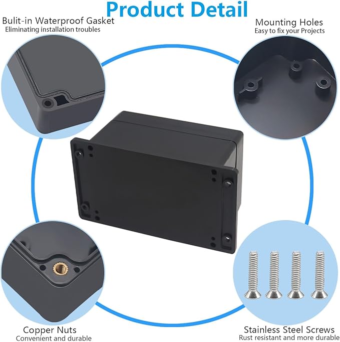 Outdoor Waterproof Junction Box IP67 Project Box ABS Black Electrical Boxes Electronic Enclsoure with Mounting Ear for DIY Project 6.3 x 4.3 x 3.5 inch (160x110x90mm) - Image 6