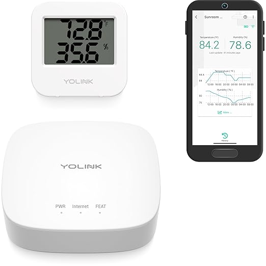 Smart Wireless Temperature Sensor/Humidity Sensor Wide Range (-22 to 158 Degrees) for Fridge Monitoring Pet Cage/Tank Monitoring, Smartphone Alerts, Compatible with Alexa IFTTT - Hub Included by YoLink