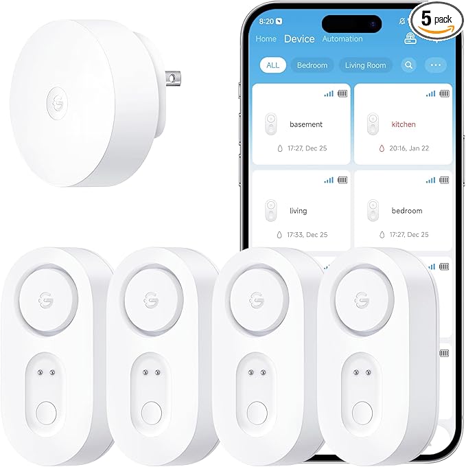 GoveeLife Upgraded Smart Water Leak Detector 1s with 1804ft Ultra-Long Range, WiFi Water Sensor with SMS/Email/APP Push and Sound Alarm, 5-Year Battery Life, Suit for Home, Basement, Kitchen, 4 Pack by GoveeLife