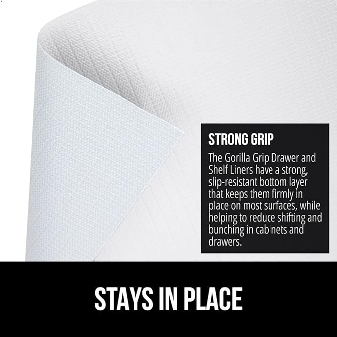 GORILLA GRIP DripGuard Shelf Liner, Non-Adhesive Drawer and Kitchen Cabinet Protector, Strong Grip Slip Resistant Underside, Smooth Surface Liners for Cabinets, Bathrooms, Closets, 12x120 Inch, White - Image 3