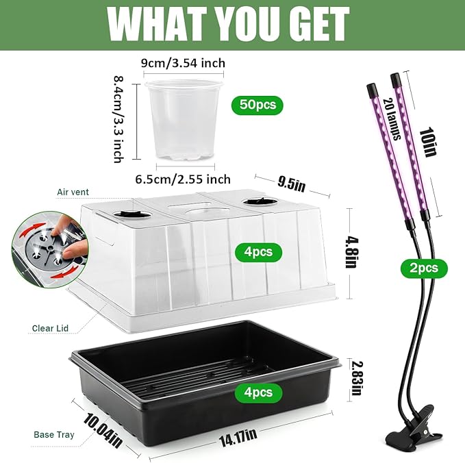 50p 3.5" Clear Nursery Pots with 4p Trays and 2p Adjustable LED Grow Lights – Transparent Plant Pots with Drainage Holes, Complete Seed Starter Kit with 5" Tall Humidity Dome for Plant Propagation - Image 6